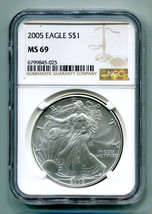 2005 AMERICAN SILVER EAGLE NGC MS69 BROWN LABEL PREMIUM QUALITY NICE COI... - $51.95