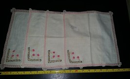 4 Vintage Pink Crocheted Edge Embroidered Handmade Napkins – 9x10 inches - $11.99