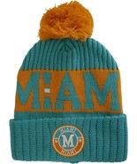 Miami City Name Three Stripe Circular Patch Pom Beanie Winter Hat (Aqua/Orange) - $18.95