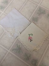 Two Vintage Hankies Cream Lace edged Embroidered flower &amp;  White Butterf... - $12.92