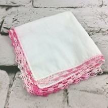 Vintage Hankie Pocket Handkerchief Pink Crocheted Lace Border Trim  Flaw - $9.89