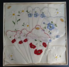 Embroidered Swiss Cotton Hankies Blue Red Flowers Shower Wedding NIB Lot... - $24.48