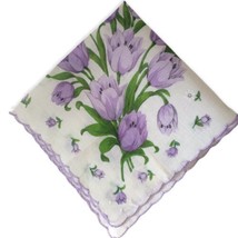 Vintage Purple Tulip Hankie Floral Handkerchief Shabby Victorian Cottage... - $9.88