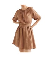 H&M Puff Sleeve Tie Back Dress Plus Size XXL Dark Beige Tan Cotton Lightweight - $12.99