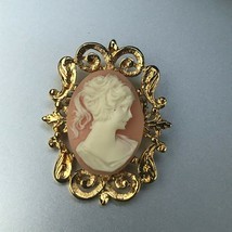 Light Orange &amp; Cream Carved Plastic Oval Woman Cameo w Ornate Goldtone F... - $11.29