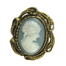 Blue Figurative Plastic Cameo Brooch Pin Goldtone Vintage 1980 1.4 in Pe... - $29.69