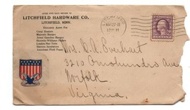 1913 Postal Cover , Advertising Litchfield hardware Minnesota w/ Flag sh... - $15.00