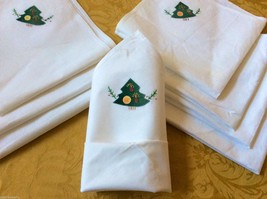 Christmas Holiday Tree White Cotton linen Dining Napkin square set of 8 - $35.00