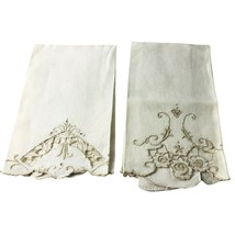 Vtg 2 Napkins Madeira Style Embroidery Cutwork Ecru Linen 20x14 Differen... - $33.31