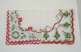 Christmas Hankies Handkerchief Trees Stars Bells Scalloped Edge Red Gree... - $29.99