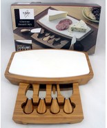 B Smith Cheese Board Set Bamboo Wood White Marble Removable Utensil Tray Drawer - $19.60