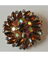 Vintage Signed WEISS Pinwheel Brooch Set Amber Color & AB Rhinestones - $123.75