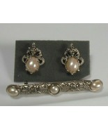 Vintage Victorian Faux Pearl & Marcasite Brooch and Earrings - $24.75