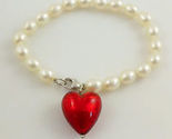White Cultured PEARLS and Sterling Silver BRACELET with Red Glass Heart Charm