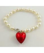 White Cultured PEARLS and Sterling Silver BRACELET with Red Glass Heart Charm - $85.00