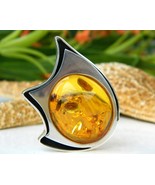 Amber Modernist Brooch Pin Sterling Silver Hallmarked Poland - $89.95