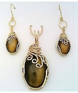 Tiger Eye Gold Wire Wrap Pendant Earrings Set 5 - $71.00