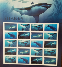 New! SHARKS 2016 (USPS) STAMP SHEET 20 FOREVER STAMPS - $19.95