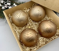 Set of 4 gold Christmas glass balls, hand painted ornaments with gifted box - $56.25