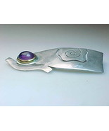 MODERNIST LOOK HANDCRAFTED STERLING BROOCH Pin PENDANT with Amethyst  - $375.00