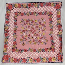 Vintage Linen Floral Handkerchief Pink Criss Cross Lattice Flowers Colorful - $28.04