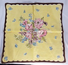 Vintage Linen Floral Handkerchief Yellow Flowers Colorful Pink Blue Brown - $28.04