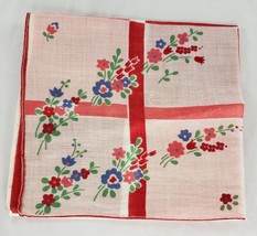 Vintage Linen Floral Handkerchief Red White Blue Square Geometric Flowers - $28.04