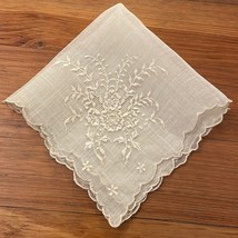 VTG Linen Floral Embroidered Cream Colored Handkerchief 12x12 in - $14.00