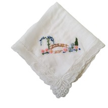 Vintage Hankie Embroidered Scene Lace Trim Delicate Handkerchief Hanky B... - $13.44