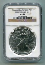 2011(S) AMERICAN SILVER EAGLE SAN FRANCISCO MINT LABEL NGC MS69 BROWN NI... - $51.95