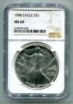 1988 AMERICAN SILVER EAGLE NGC MS69 BROWN LABEL PREMIUM QUALITY NICE COI... - $67.95