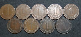 GERMANY 1 RENTENPFENNIG AND REICHSPFENNIG 9 COINS 1924 A - J  WEIMAR RAR... - $55.78