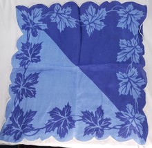 Vintage Linen Leaves Handkerchief Blue White Scalloped Edge - $26.17