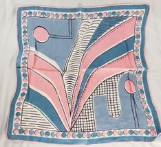 Vintage Linen Geometric Handkerchief Blue Pink White - $18.69