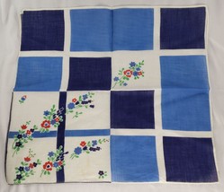 Vintage Linen Floral Handkerchief Blue White Red Square Geometric Flowers - $28.04