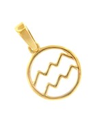 18K YELLOW GOLD ZODIAC SIGN ROUND MINI 12mm PENDANT, AQUARIUS STYLIZED ZODIACAL - $157.83