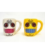 Set of 2 Day of the Dead Dia De Los Muertos Yellow White Sugar Skull Coffee Mugs - $28.00