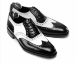 Handmade Men Wingtip Brogue Black White Leather Dress Shoes Formal Oxford Boots - $99.50