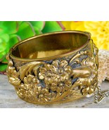 Vintage Hinged Cuff Bangle Bracelet Ornate Gold Brass Flowers Floral - $49.95