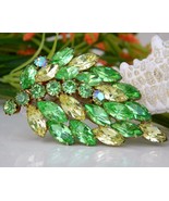 Vintage Leaf Brooch Pin Green Yellow Marquise Rhinestones Book Piece - $49.95