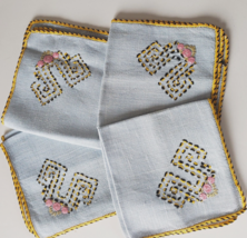 4 Blue Embroidered Luncheon Napkins Edged in Yellow &amp; Black 11&quot; Square V... - $6.92