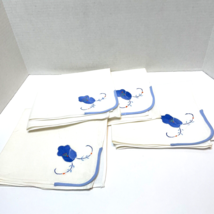 Vintage Lot 4 White Linen Dinner Lunch Napkins Blue Floral Accent 15.5 x... - $14.58