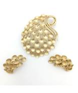 CROWN TRIFARI vintage peacock tail brooch & clip earring set - brushed gold-tone - $80.00